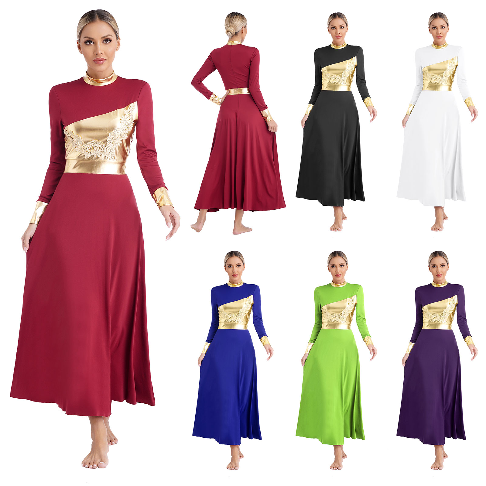Robe de danse liturgique à manches longues pour femmes, robe de louange, vêtements de danse d'église, robe de chorale, documents brillants métalliques, nuit