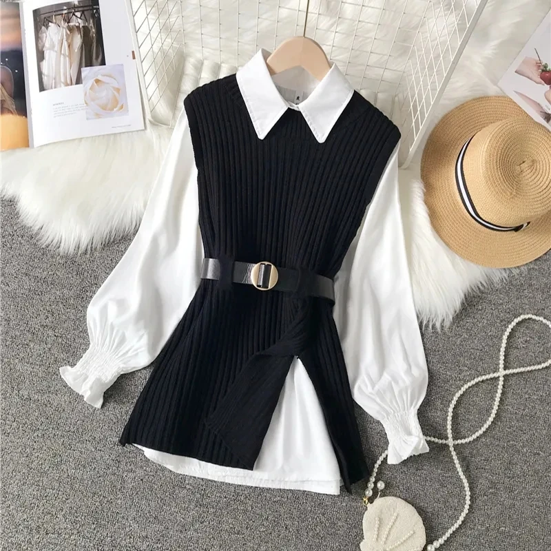 Femmes tricoté gilet 2 deux pièces ensemble chemise à manches longues lanterne 2025 printemps automne femmes chemises ensembles sans manches pull hauts