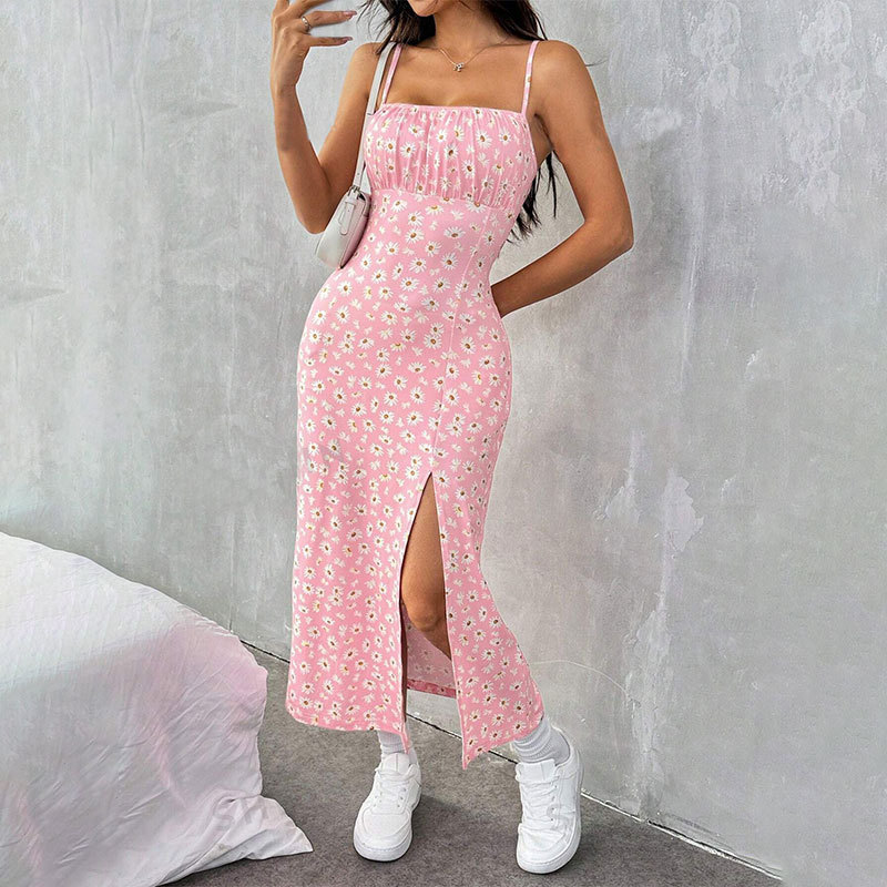 Robe décontractée pour femme, imprimé floral marguerite, bretelles spaghetti, robe midi moulante à col carré, fendue, robe d'été pour plage et soirée