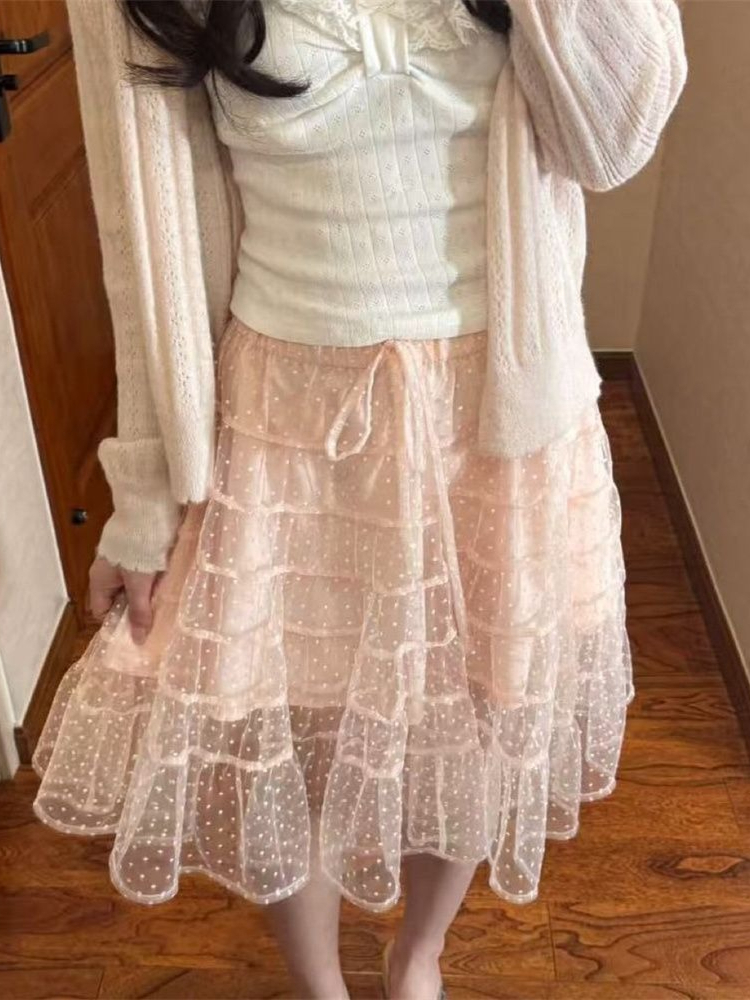 Ensemble 3 pièces mode coréenne pour femme : Cardigan en maille blanc à coupe ajustée avec nœud en dentelle et manches longues à volants, débardeur et jupe courte rose Kawaii