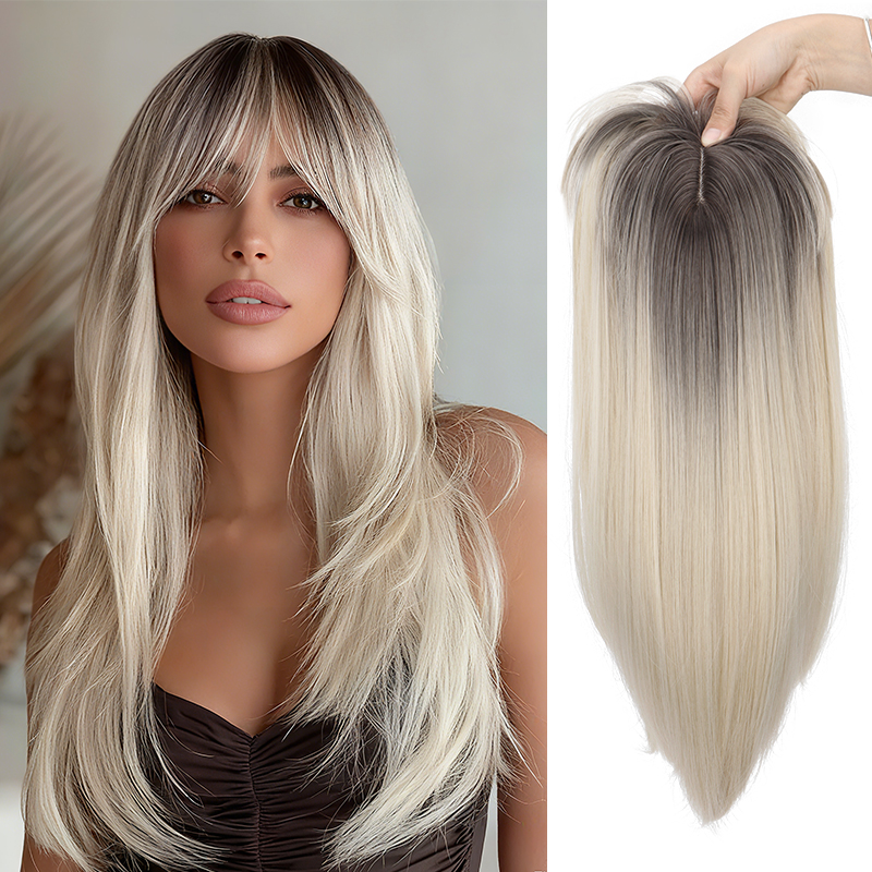 Topper pour cheveux pour femme avec frange : 3D 360 °   Morceau de cheveux synthétiques longs et lisses à couverture moelleuse pour cheveux amincissants, doré avec foncé
