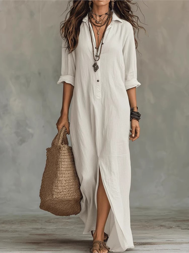 Robe longue décontractée blanche pour femme, style bohème d'été, col rabattu, boutons, manches longues, fendue, idéale pour la plage et les vacances