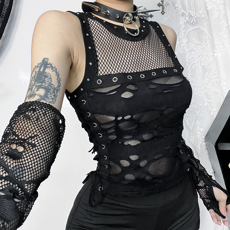 Débardeur gothique dos nu en résille pour femme, débardeur, camisole, t-shirt, sexy, steampunk, glawlwear, rave party