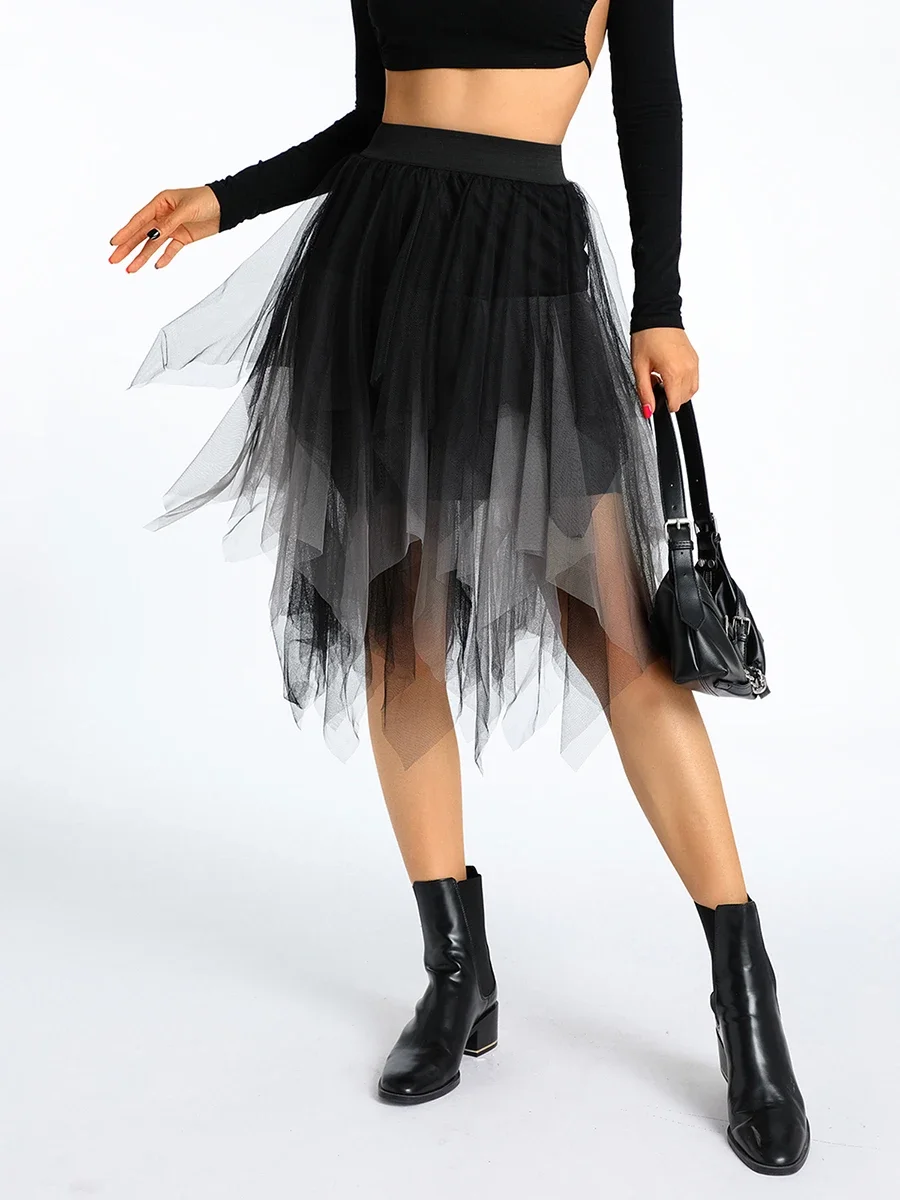 Jupes longues en tulle irrégulières pour femmes, taille haute élastique, maille superposée, tutu, jupes trapèze, mode bohème coréenne, jupes Y2K