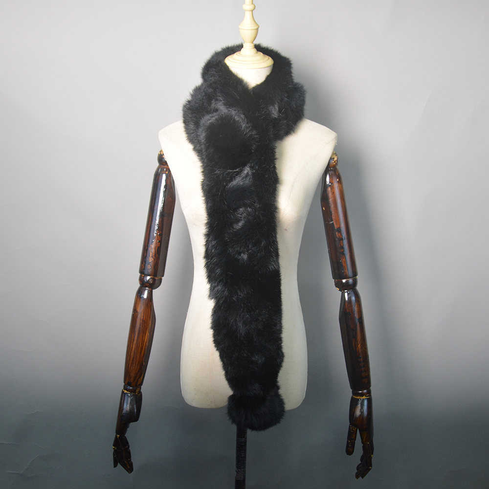 Nouvelle Écharpe Longue en Véritable Fourrure Russe pour Femme 2026 – Foulard Chaud en Vraie Fourrure de Lapin pour l'Hiver, Tricoté avec Pompons Moelleux, Écharpes en Fourrure Naturelle
