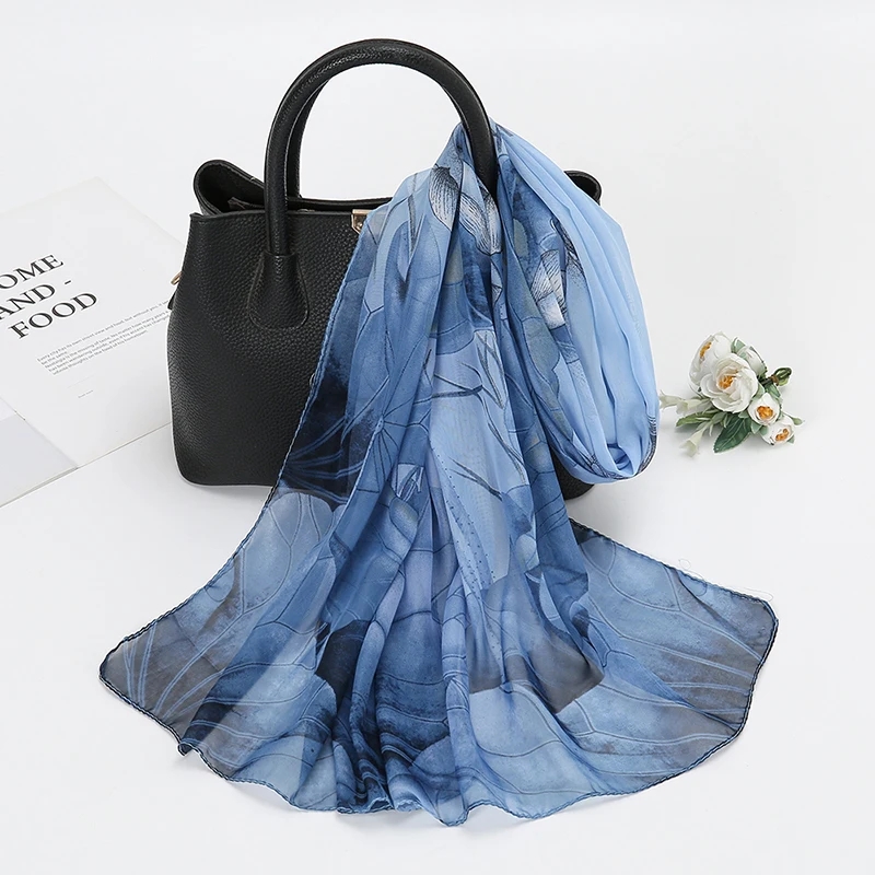 Écharpe en mousseline de soie imprimé Lotus, écharpe légère à la mode pour femmes, Protection solaire du cou d'été, châle en soie 150x50cm