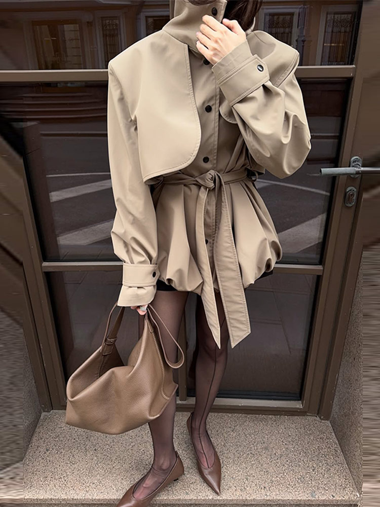 Veste-robe pour femme, col montant, manches longues, taille ceinturée, coupe courte en A, mini-robe avec poches