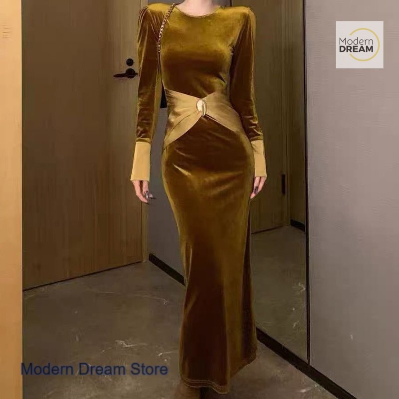 Robe coréenne noire de style palais pour femme, nouvelle mode printemps-automne, jupe en velours à coutures discrètes, élégante et amincissante