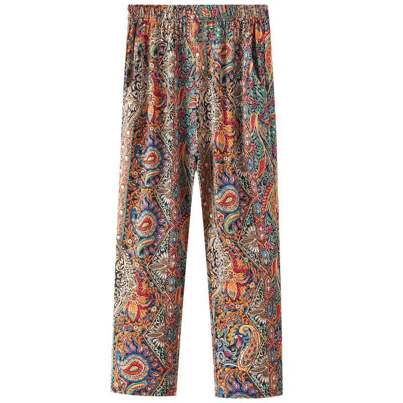 Pantalon d'été pour femme XL-8XL, nouvelle mode 2026, imprimé, en soie glacée fine, coupe droite, taille haute élastique, décontracté, pour femme d'âge mûr