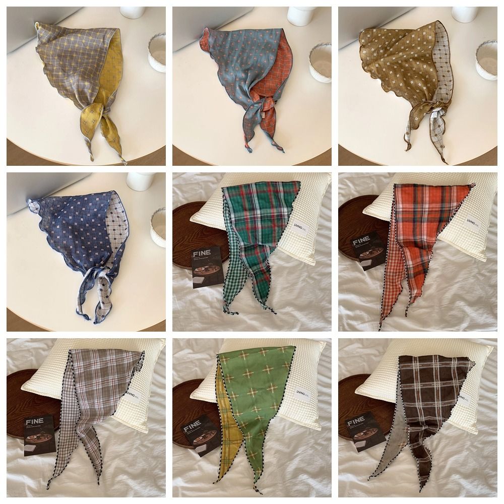 Foulard Turban en Coton Doux à Motif Treillis, Style Champêtre, Bandeau Triangulaire Fin et Coloré pour Filles