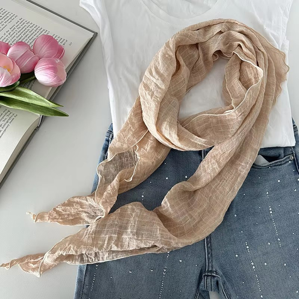 Écharpe artistique rétro en coton et lin pour femmes, châle fin plissé en gaze, couleur Pure, accessoires de mode
