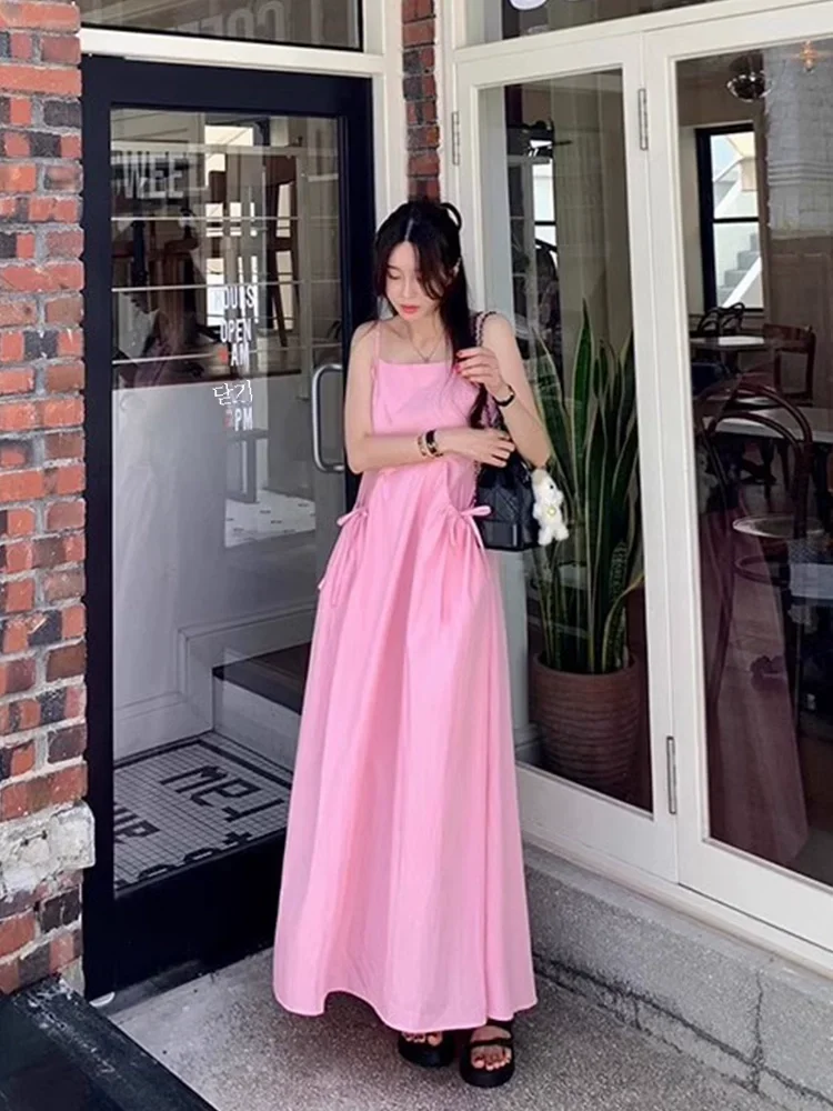 Robe longue à lacets plissée pour femmes, caraco à grandes poches, taille haute, coupe couvertes, mode coréenne, été, nouveau