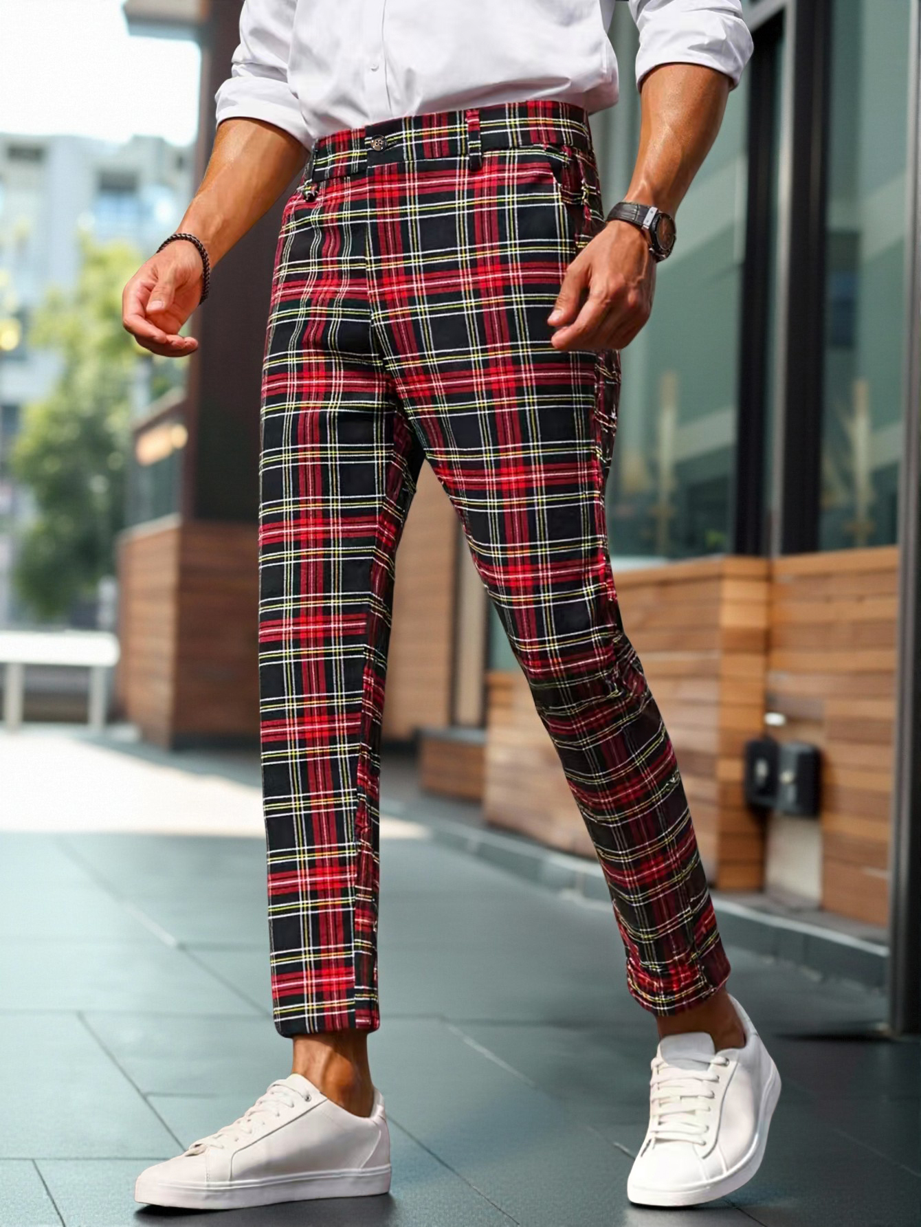 Pantalon de costume fuselé à carreaux écossais pour homme, en viscose, polyamide et élasthanne, coupe slim, décontracté et professionnel, longueur cheville