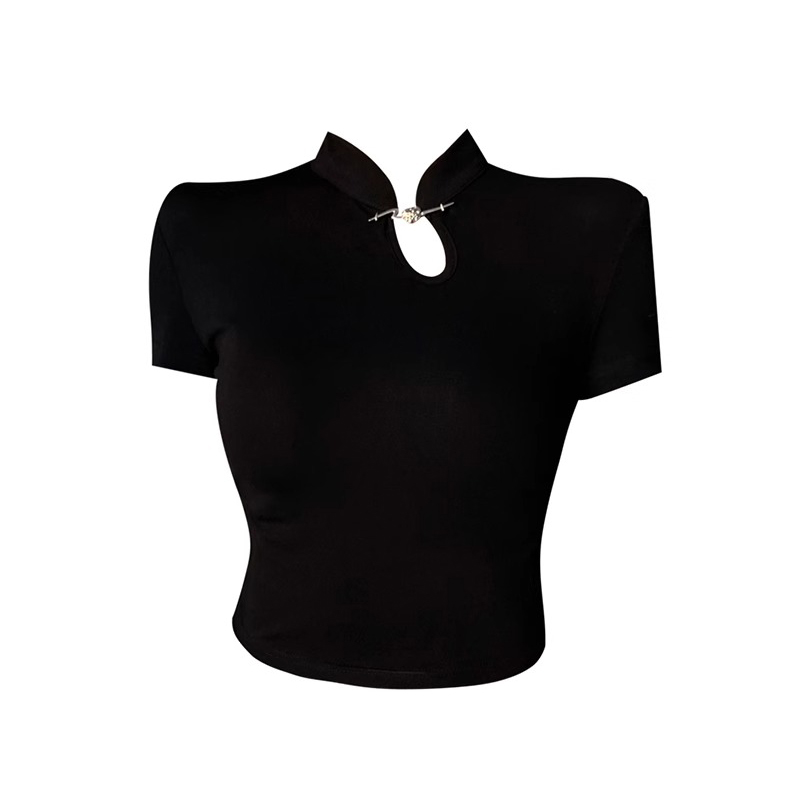 Économie à manches courtes pour femmes, vêtements pour femmes, style chinois, vintage, élégant, basique, sexy, évidé, Y2K, noir, mince, été, 2024