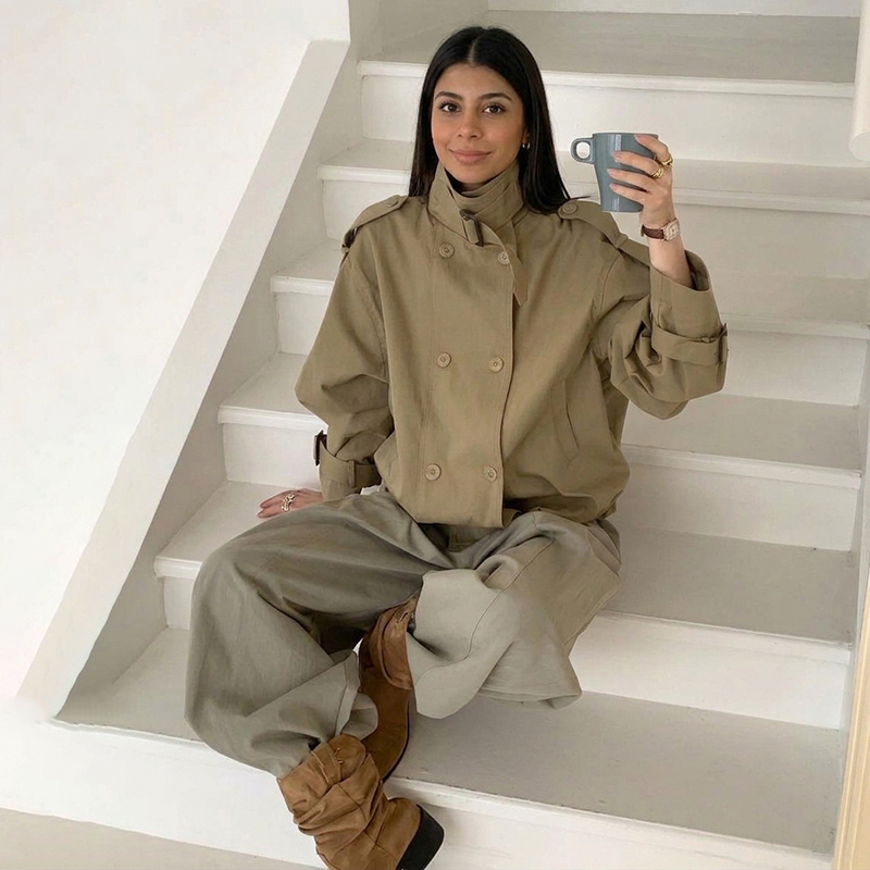Veste Trench Courte Utilitaire pour Femme, Coupe Décontractée, Col Montant, Épaulettes, Double Boutonnage, Manteau Court, Vêtement d'Extérieur Urbain