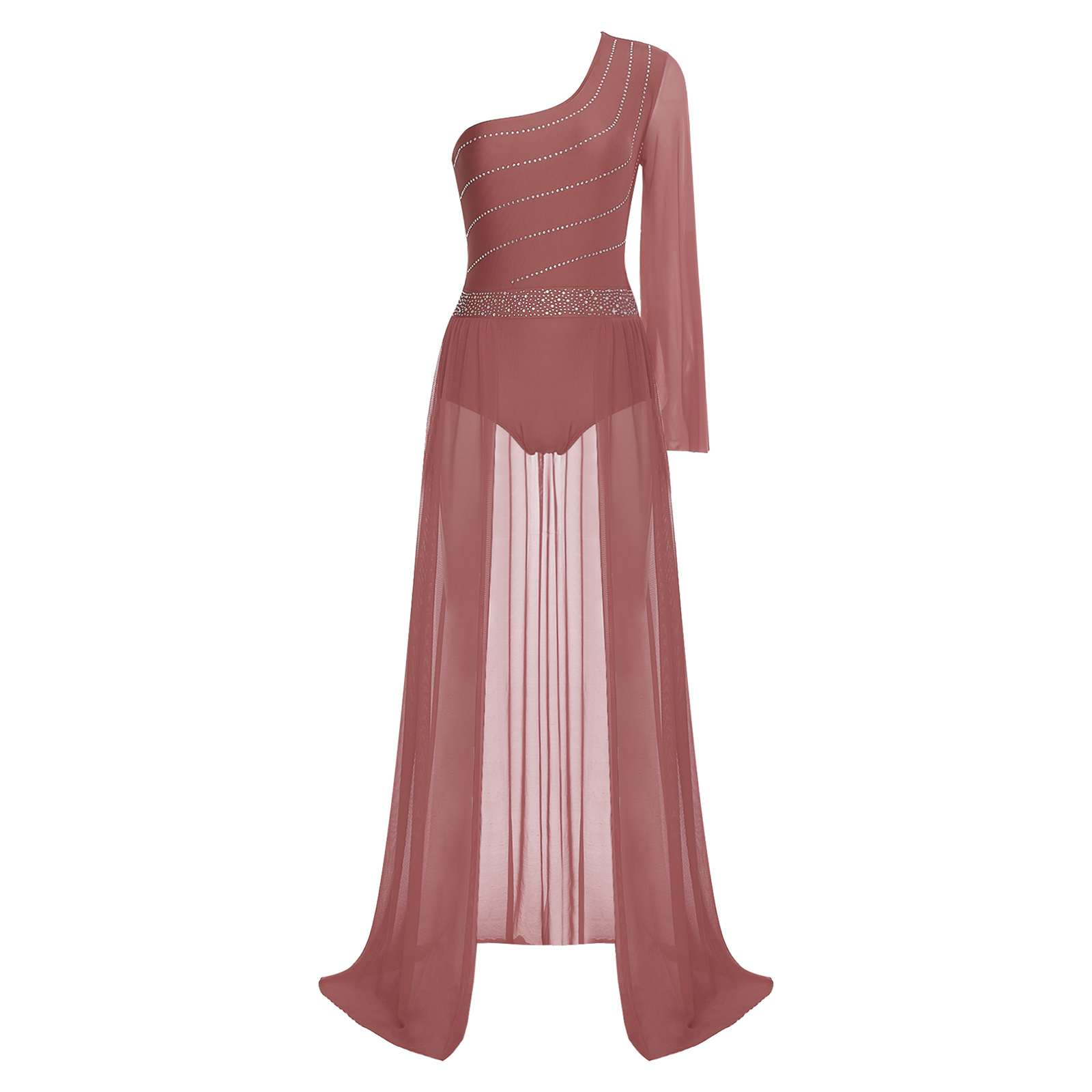 Robe de danse de salon de ballet lyrique pour femmes, justaucorps à manches évasées, costume de batterie, jupes en maille fendue fluide, robe maxi