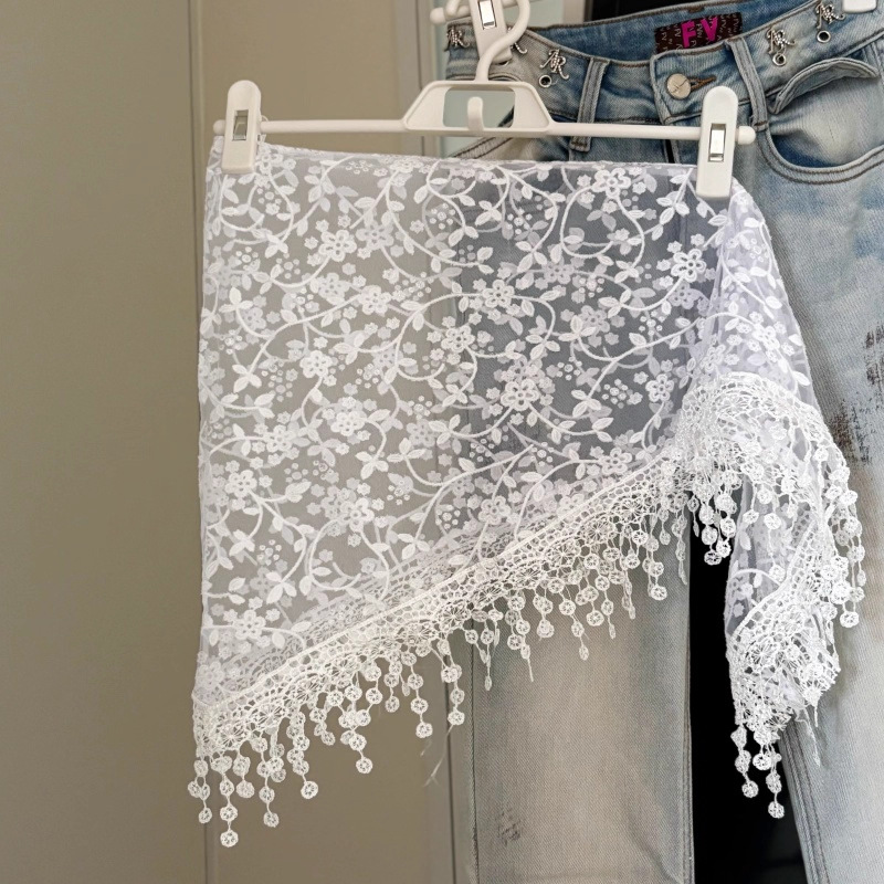 Foulard coréen à bordure en dentelle, ceinture multifonctionnelle à franges, bandana triangulaire, foulard blanc, accessoire pour jupe en jean de style français