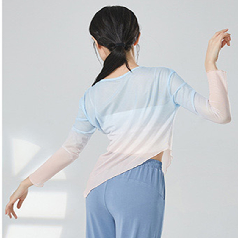Tenues de danse classique pour femmes, haut en maille, chemise en tulle, document nickel é, ourlet irrégulier, chemisier à col rond mince, vêtements de performance modernes