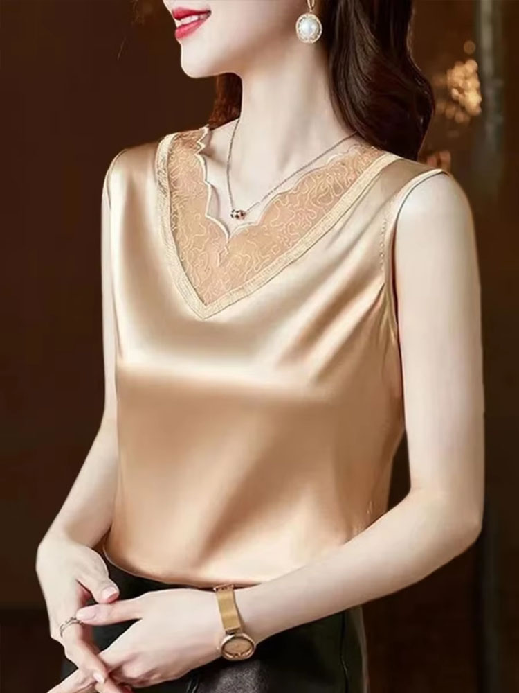 Débardeurs et hauts d'été pour femmes en dentelle et soie glacée, mode décontractée sans manches, style urbain, Hotsweet