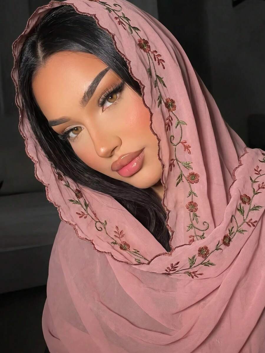 Hijab en mousseline de soie brodé de motifs floraux, écharpe à bord festonné, châle doux, châle islamique pour femmes, foulard pour femmes musulmanes