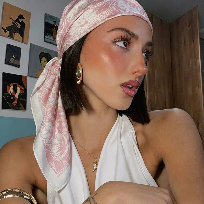 Foulard carré imprimé floral en satin de soie doux et léger pour femme, idéal pour l'été, la plage, les vacances, comme accessoire pour le cou ou les cheveux