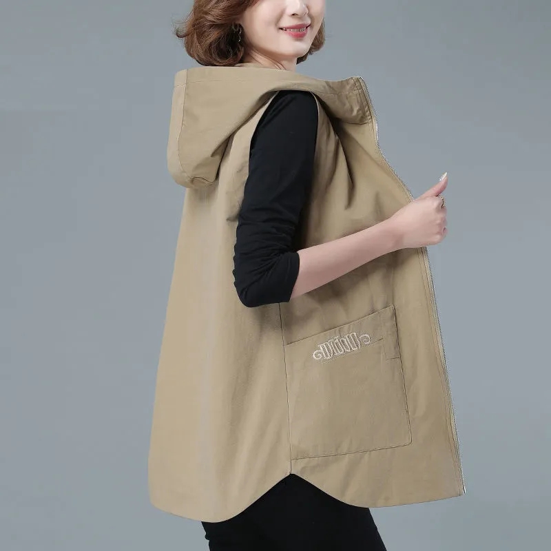 Gilet mi-long pour femme, nouvelle collection printemps 2026, style coréen, sans manches, décontracté, à capuche, avec fermeture éclair, veste d'extérieur