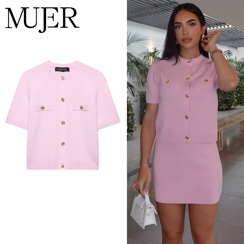 MUJER rose culture tricot Cardigan pour femmes blanc pull décontracté Cardigan femme à manches courtes hauts femme 2025 bouton tricots femmes
