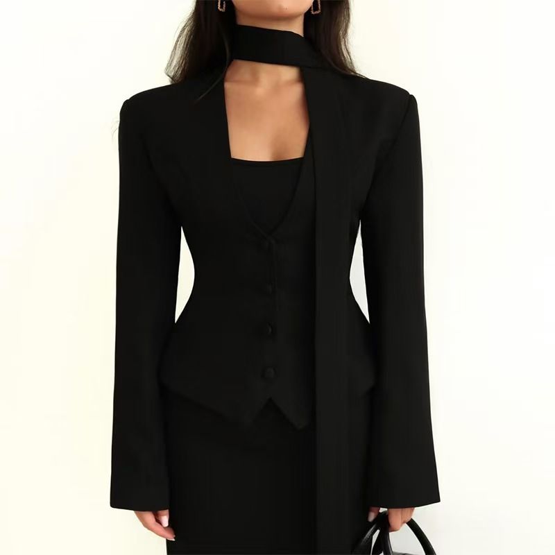 Veste de costume décontractée à manches longues pour femme, nouvelle collection automne 2025, couleur unie, col en V, avec écharpe décorative