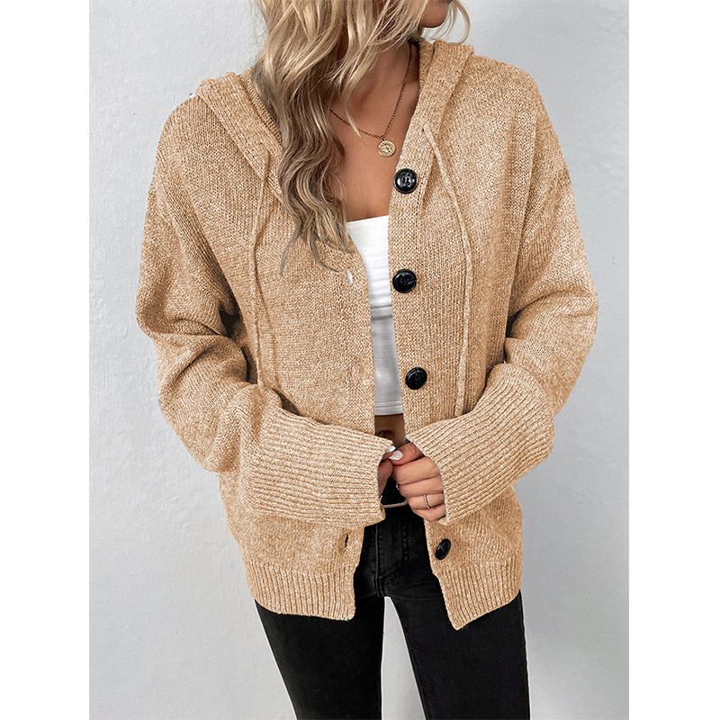 Cardigan tricoté à capuche pour femmes, décontracté, mode, couleur unie, manches longues, simple boutonnage, manteau