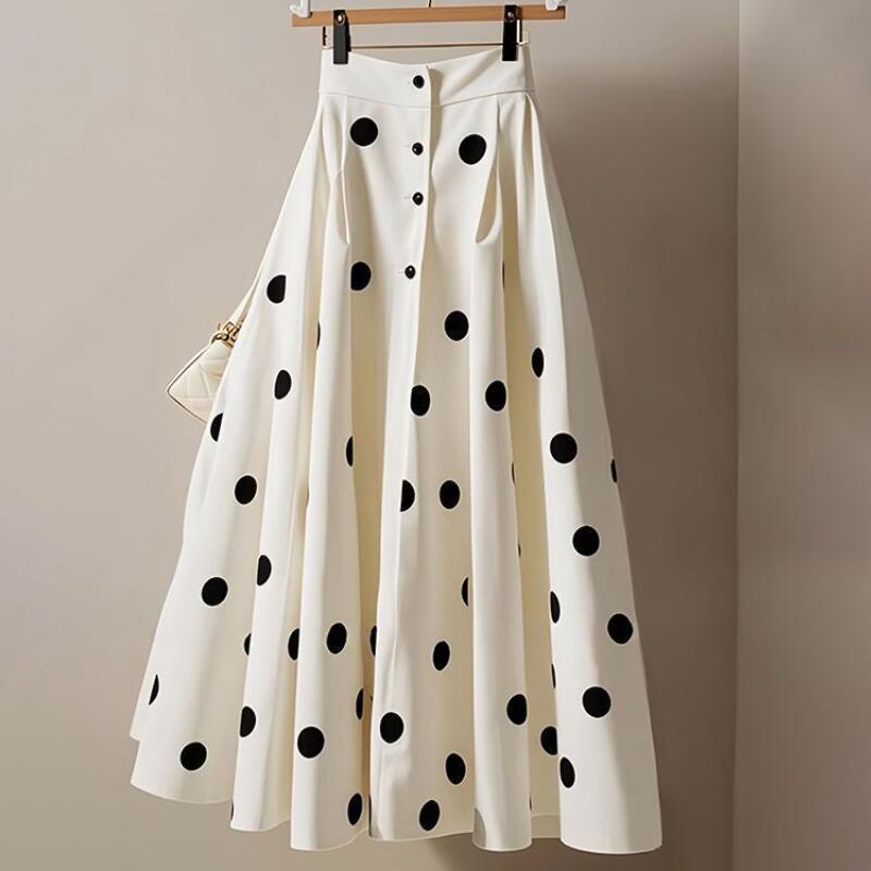 Nouvelle collection Printemps-Été : Jupe parapluie élégante style fée française, jupe polyvalente à taille haute à pois, haut de gamme et tendance pour femme.