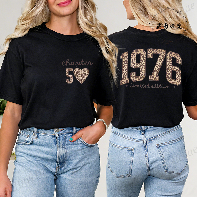 T-shirt tendance pour femme, imprimé rétro 1976, motif léopard, cadeau 50e anniversaire, hauts pour femme, t-shirt graphique Harajuku