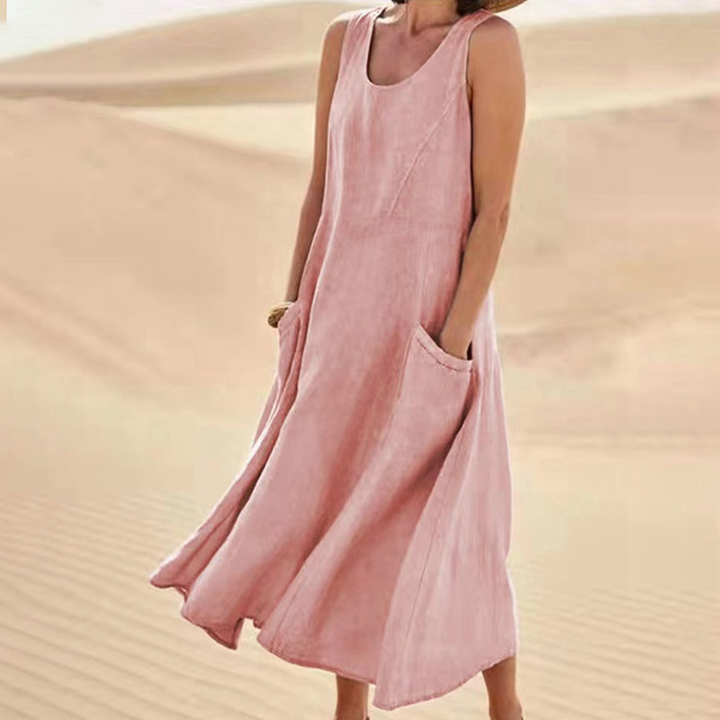 Robe longue décontractée d'été pour femme, style vintage Harajuku, sans manches, coupe trapèze, en coton et lin, couleur unie, col rond, avec poches, coupe ample