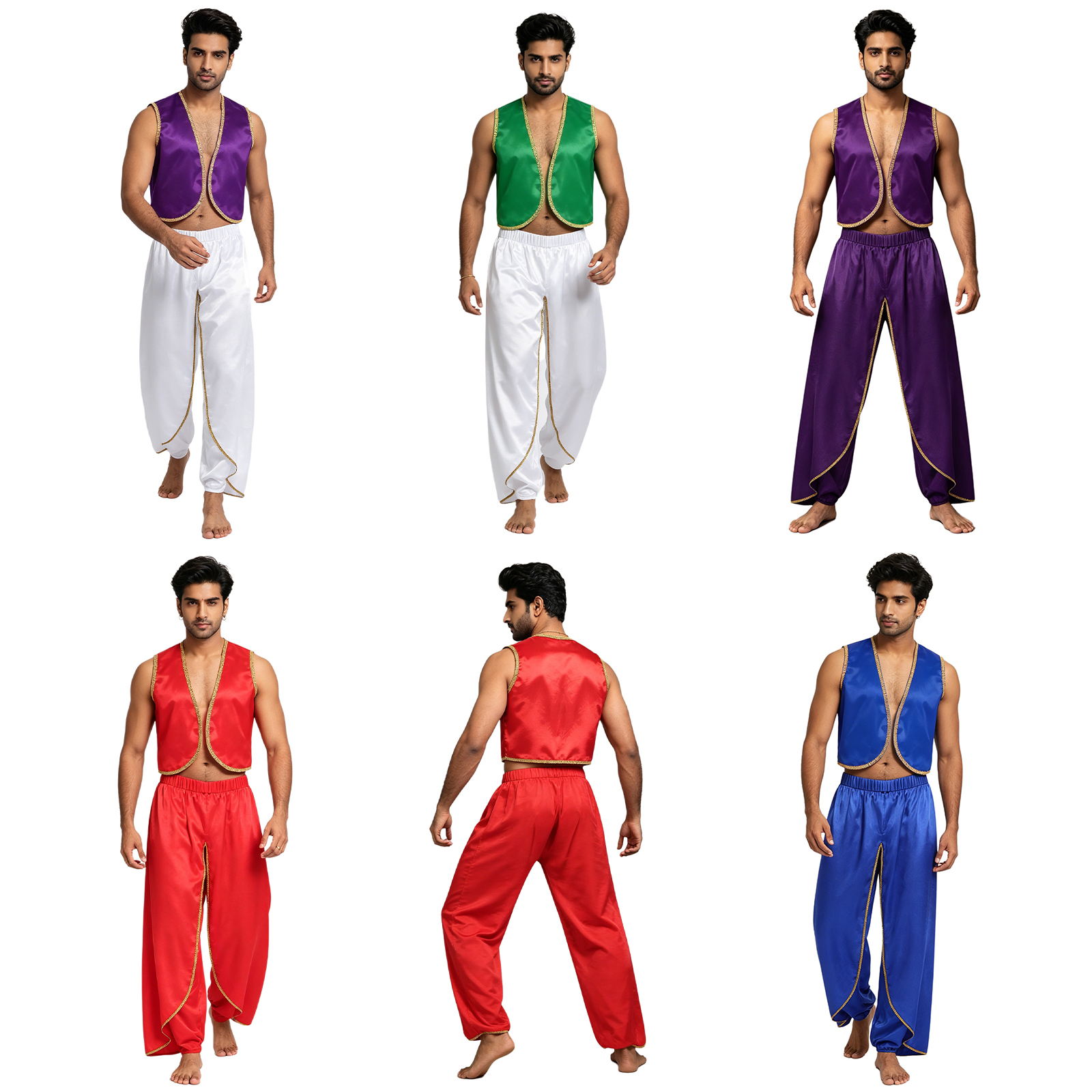 Costume de Prince arabe satiné pour hommes, garniture dorée, gilet ouvert sur le devant, hauts et pantalons de Cosplay Baggy, pantalon Palazzo indien Dhoti
