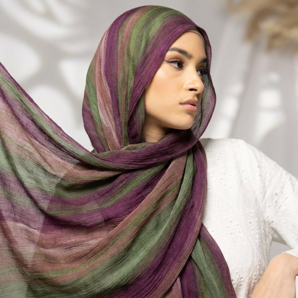 Foulard Hijab en Coton Froissé pour Femme, Coloré avec Pompons, pour Ramadan Musulman, Bord Frangé, Motif Aquarelle, Longues Écharpes et Châles