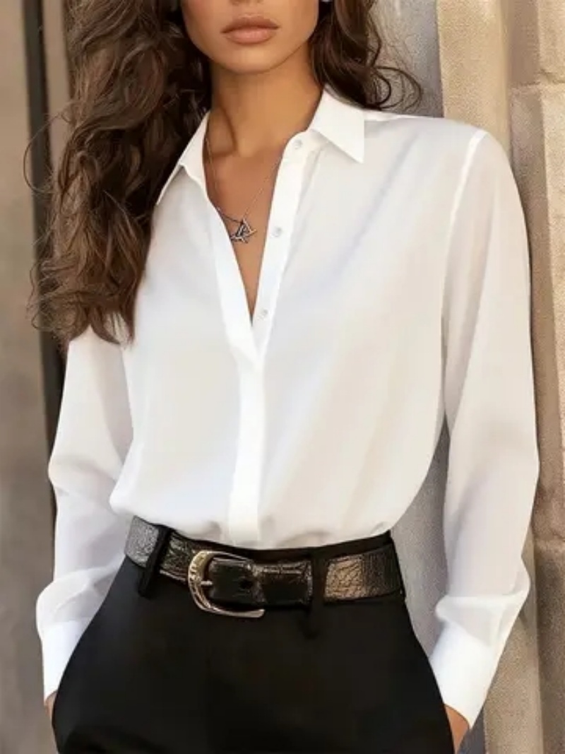 Chemisier boutonné à manches longues pour femme – Haut chic de bureau élégant avec col classique et style polyvalent