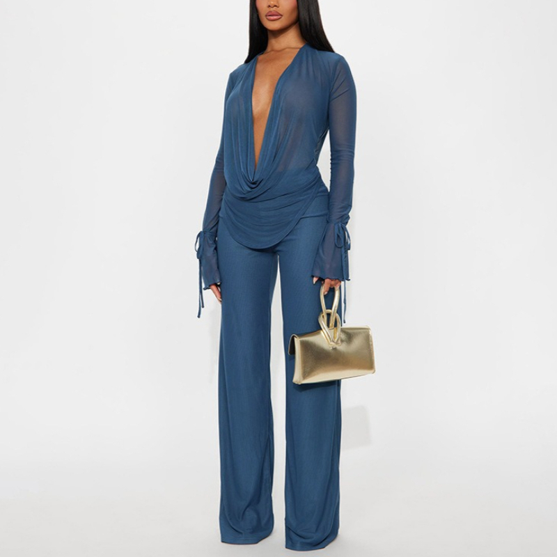 Ensemble de vêtements pour femmes, chemisier en mousseline de soie sexy à col en V et pantalon, manches longues, pantalon décontracté élégant, ensemble 2 pièces pour l'été