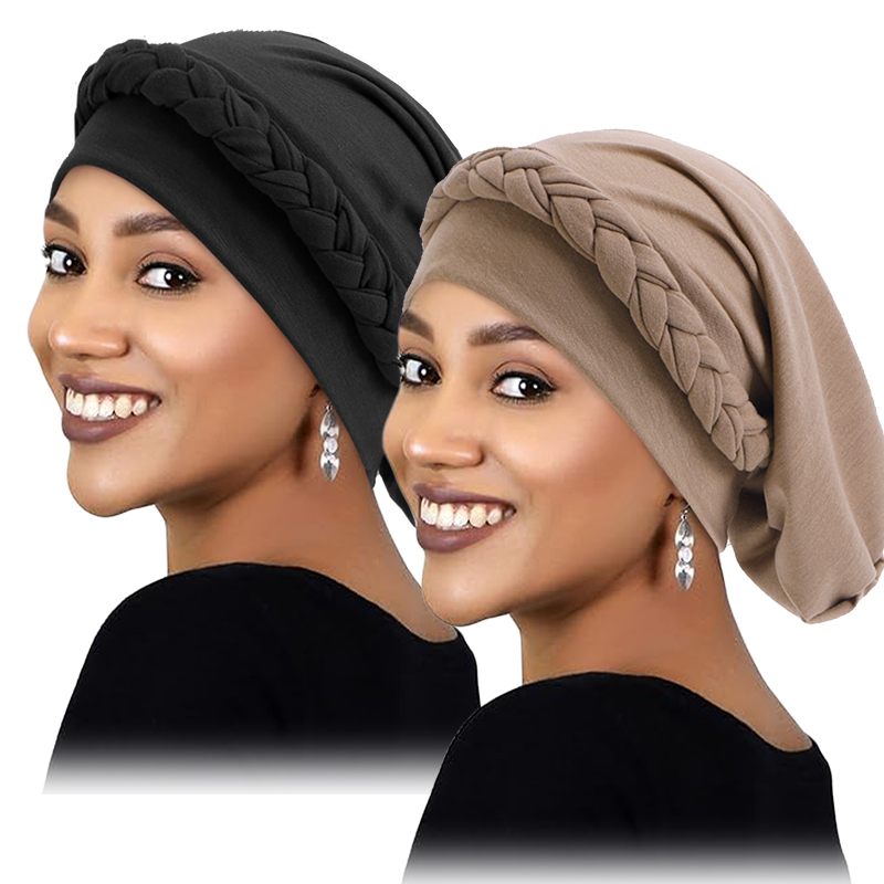 Turban élastique tressé pour femmes, 2 pièces/lot, chapeau torsadé musulman, chapeau contre le Cancer, casquette de chimio, couverture enveloppante pour cheveux, couvre-chef islamique