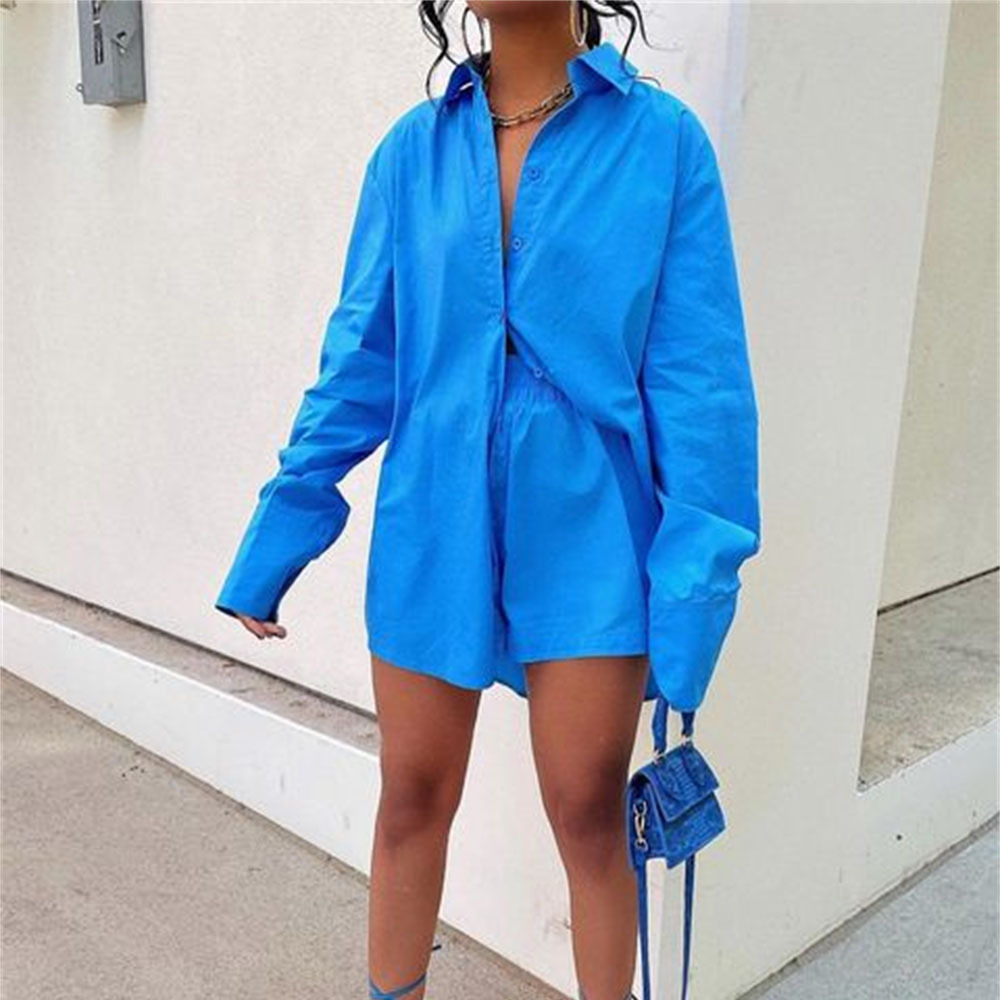 Survêtements en coton pour femmes, chemise avec mini short, ensembles 2 pièces, vêtements de mode, tenues, chemisiers
