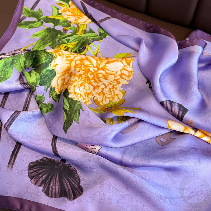Foulard imprimé floral violet pour hommes et femmes, écharpes carrées, hijab féminin, satin doux, écharpes de la présidence, décoration décontractée, cravates de cou pour dames, 70cm