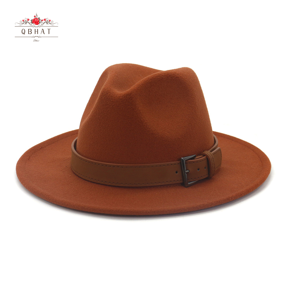 QBHAT-Chapeau en feutre de laine Fedora anderpour hommes et femmes, haute qualité, ceinture marron, grande casquette à bord, Jazz Trilby, fête, mariage