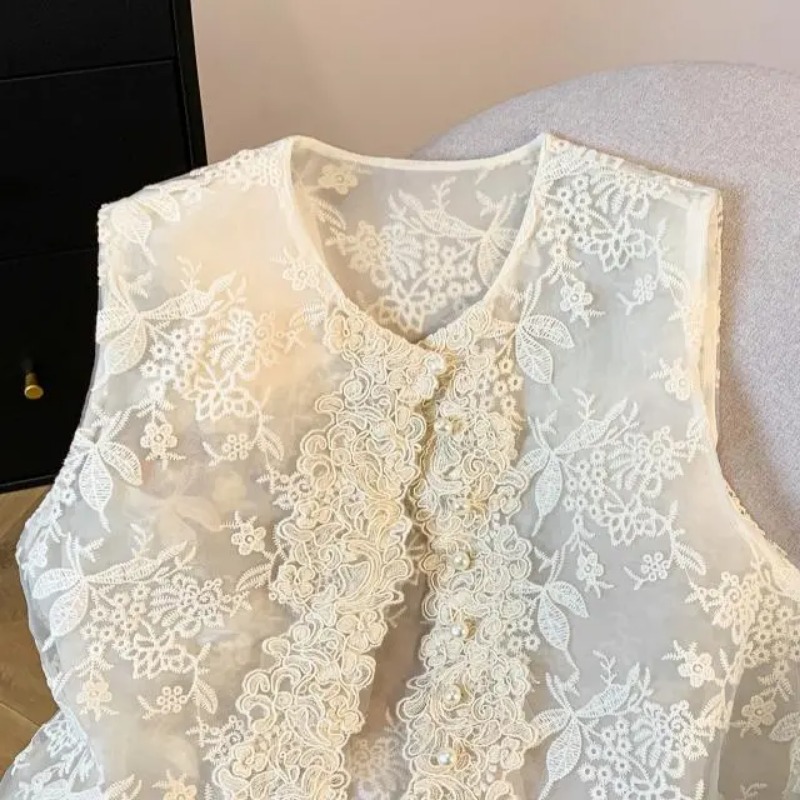 Gilet en dentelle beige pour femme, sans manches, col rond, à volants, boutonné, décontracté, transparent, vêtement d'extérieur