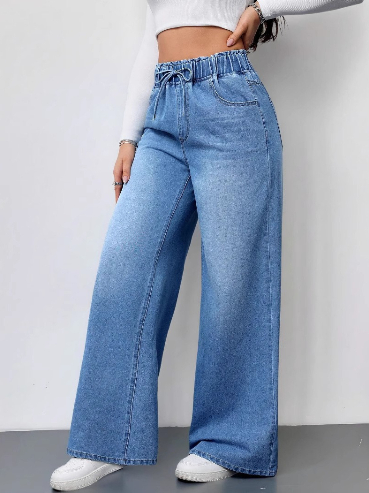 Jean pour femme en denim, pantalon long taille haute coupe droite, style Y2K streetwear vintage, élégant, avec empiècements, décontracté et ample