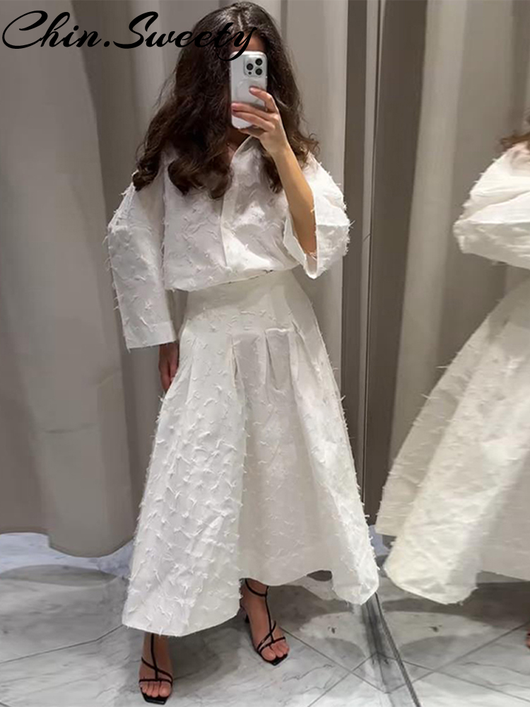 Élégant blanc gland chemise jupe femmes tenue revers à manches longues bouton chemises plissées mi jupes 2025 été 2 pièces dame ensemble