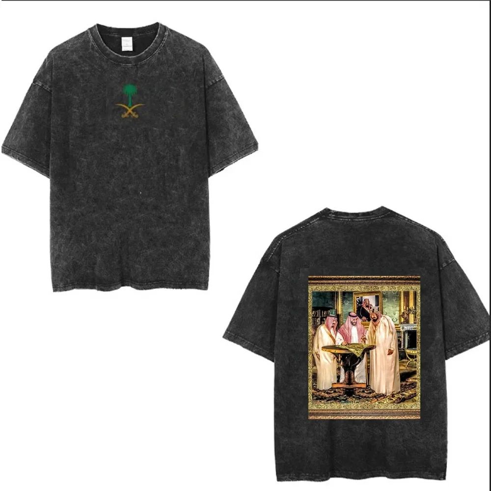 T-shirt Fête Nationale Saoudienne en Coton Lavé, T-shirt Eid Al-Fitr, T-shirts Lavés, T-shirts d'Été, Décontractés, Amples, Streetwear, Unisexe