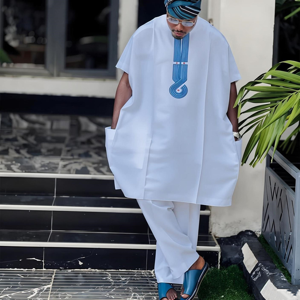 Tenue Traditionnelle Africaine Homme 2026 : Dashiki Brodé Blanc, Robe, Hauts et Pantalons, Costumes Bazin pour Mariage Musulman et Fêtes