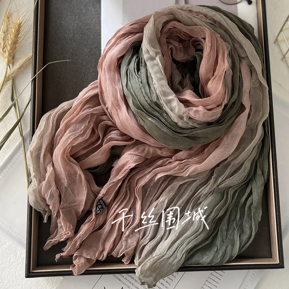 VREOVOR écharpe coton chanvre dégradé bleu automne hiver rétro polyvalent imprimé femmes longue pli châle élégant et à la mode