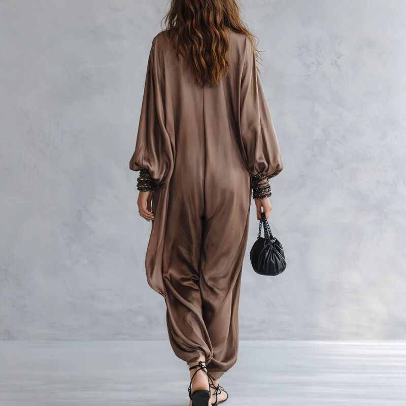 Robe longue en satin pour femme, col en V, manches chauve-souris, coupe ample, style kaftan bohème, élégante, pour les vacances, les soirées, la mode automne, grandes tailles