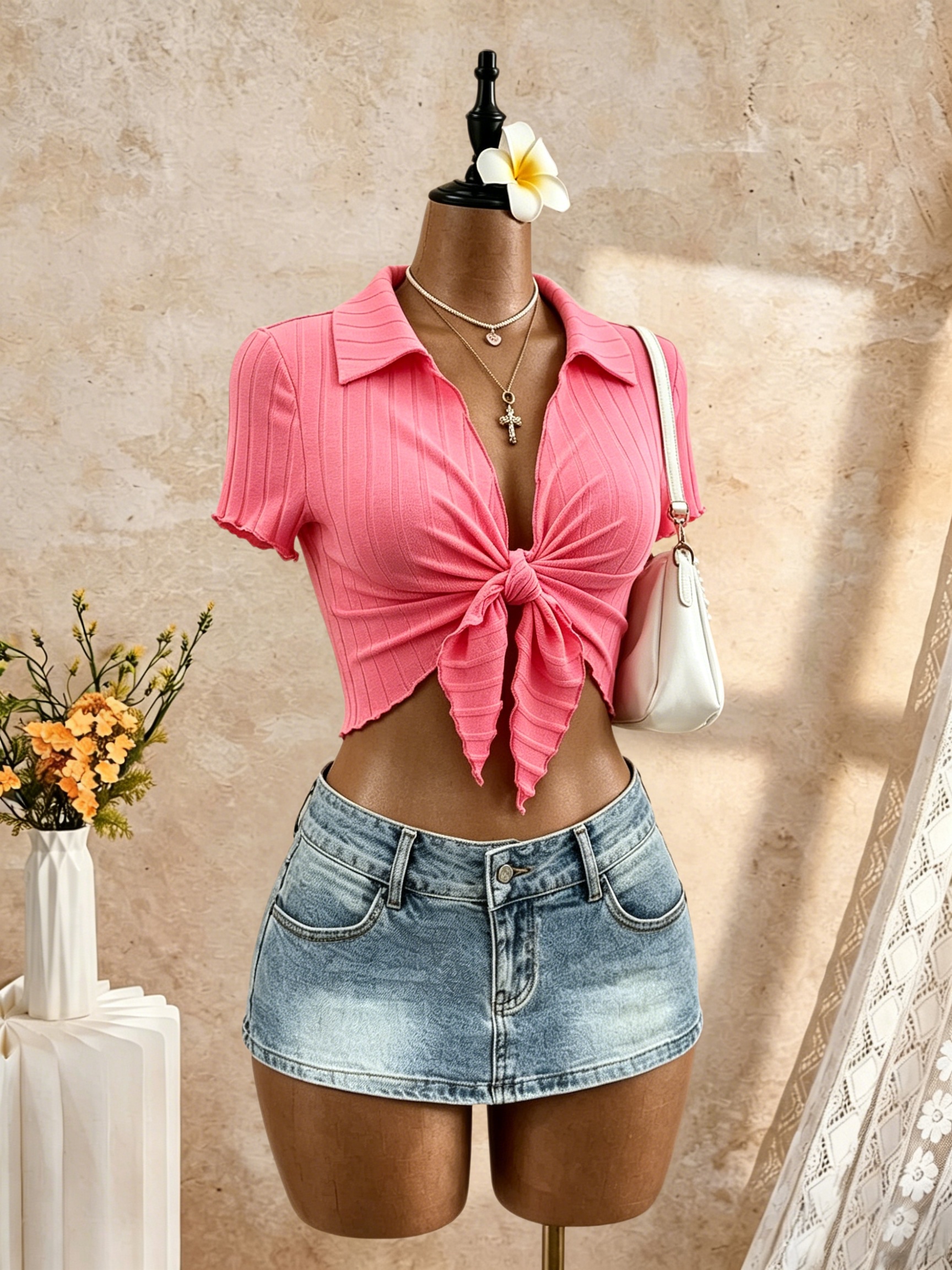 Haut court pour femme à col polo, avec nœud sur le devant, manches courtes, en tricot côtelé, poignets à volants, rose uni, coupe ajustée, style Y2K, été