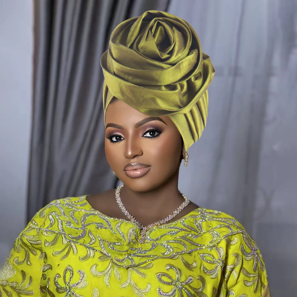 Bonnets Turban africains en soie brute, grande fleur de Rose, couvre-chef pour femmes, enveloppes de tête, Geles de mariage nigérian, Bonnet de fête