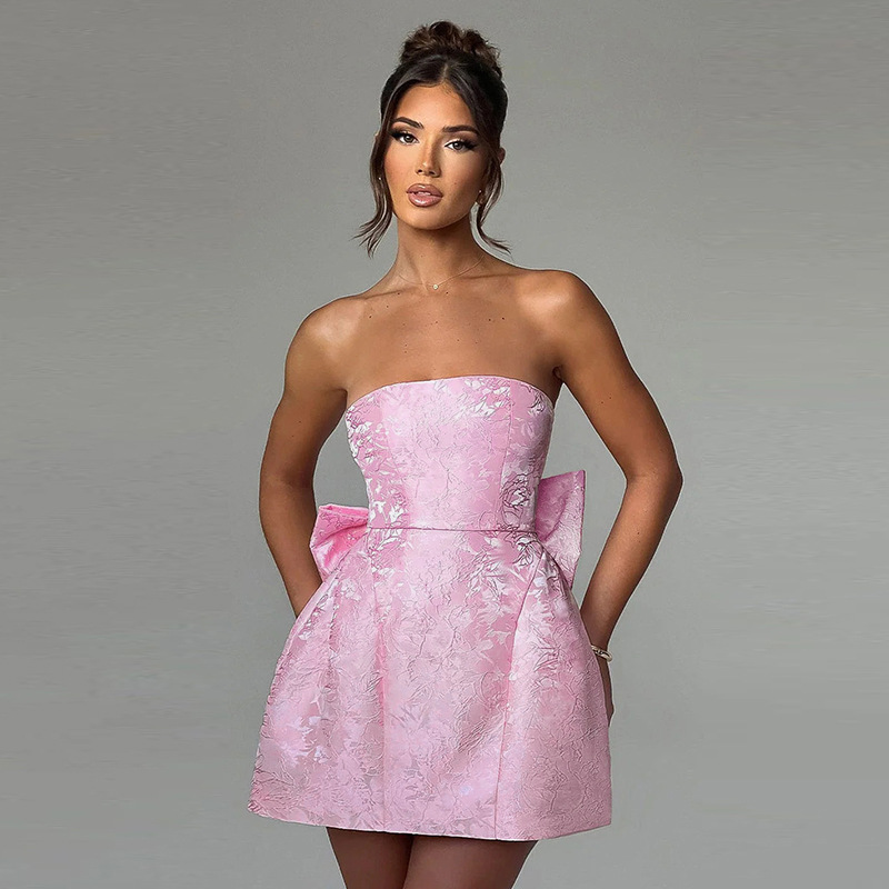 Robes à épaules nues femmes Sexy Jacquard robe trapèze dos à lacets avec grand nœud papillon été mode fête Clubwear robe courte